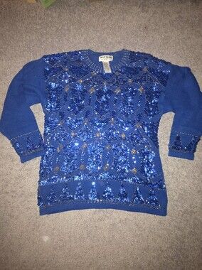 Vintage Western Connection Sweater Size Medium Blue Sequin Beaded Holiday